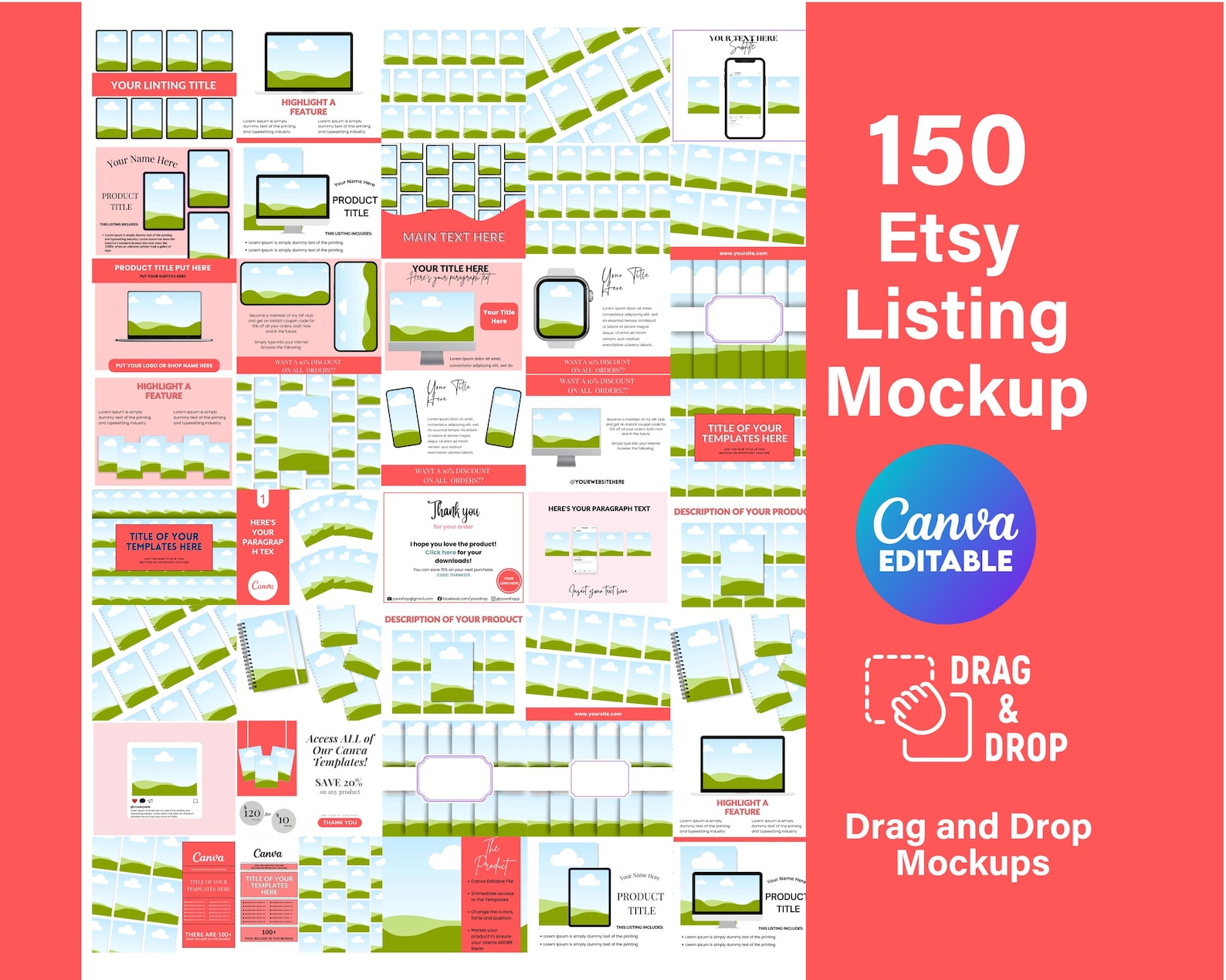 Etsy Listing Mockup Canva bundle, Etsy Mockup Planners Journal, Drag and Drop Mockups